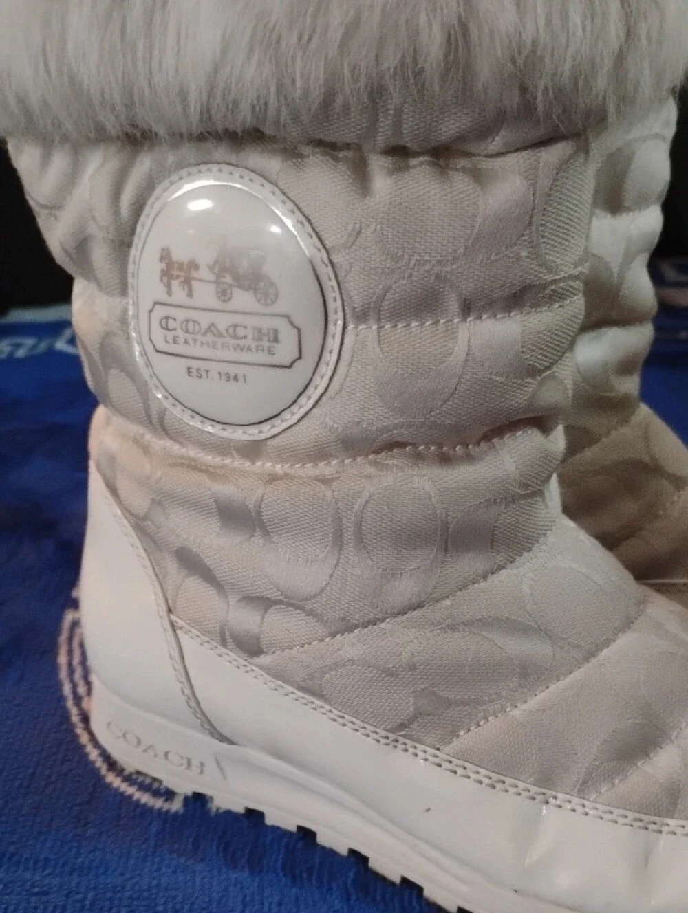 Coach Cream Quilted Winter Boots with Faux Fur Cuff